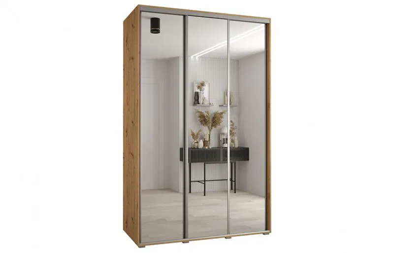 Šatníková skriňa s posuvnými zrkadlovými dverami DAVOS 160cm | DUB Artisan / strieborné pojazdy