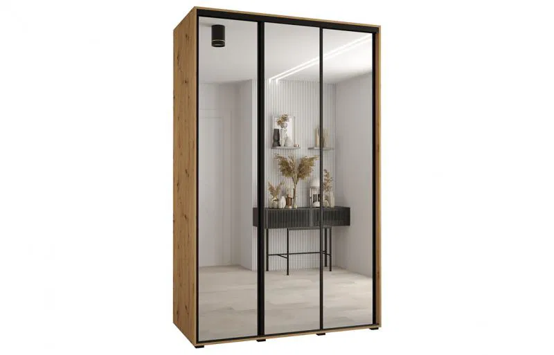 Šatníková skriňa s posuvnými zrkadlovými dverami DAVOS 160cm | DUB Artisan / čierne pojazdy