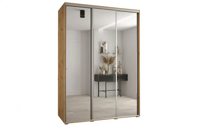 Šatníková skriňa s posuvnými zrkadlovými dverami DAVOS 180cm | DUB Artisan / strieborné pojazdy