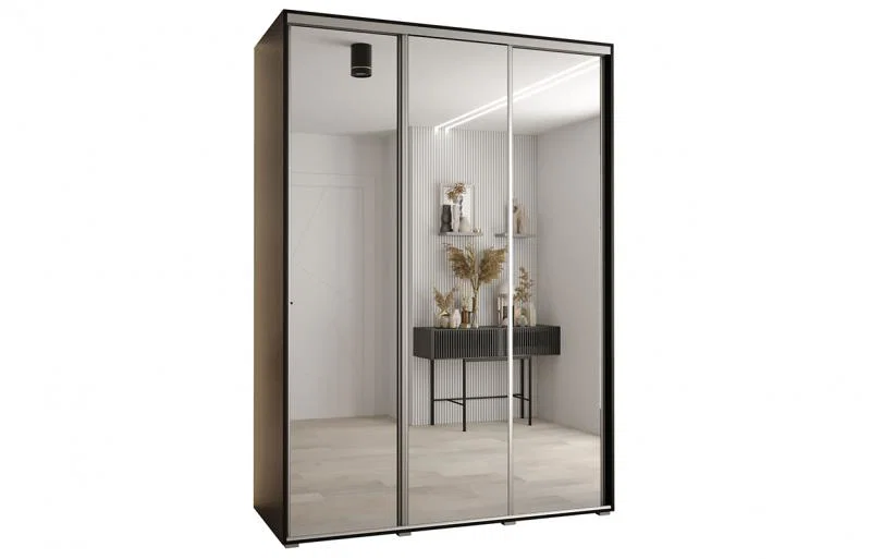 Šatníková skriňa s posuvnými zrkadlovými dverami DAVOS 180cm | Čierna / strieborné pojazdy