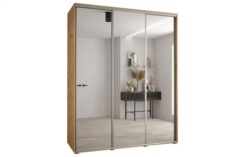 Šatníková skriňa s posuvnými zrkadlovými dverami DAVOS 190cm | DUB Artisan / strieborné pojazdy