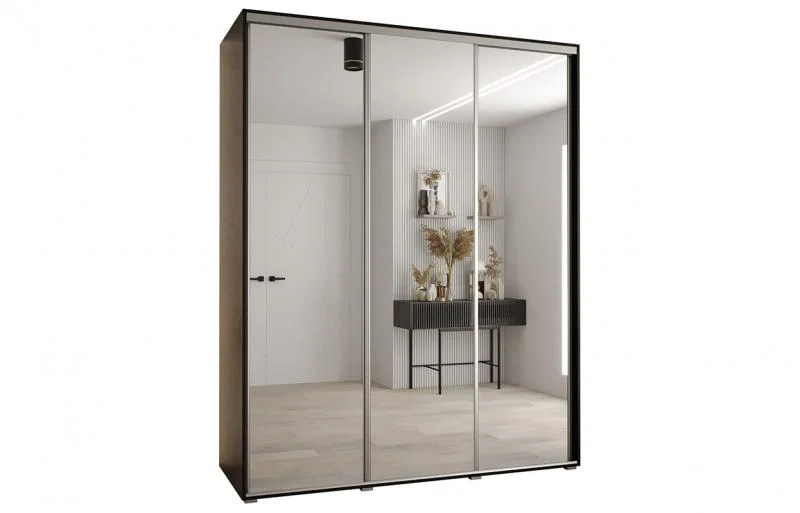 Šatníková skriňa s posuvnými zrkadlovými dverami DAVOS 190cm | Čierna / strieborné pojazdy
