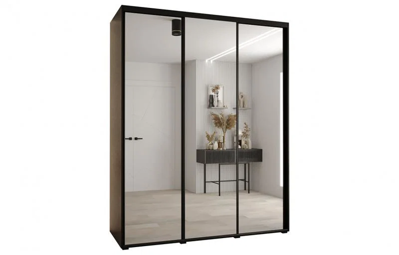 Šatníková skriňa s posuvnými zrkadlovými dverami DAVOS 200cm | Čierna / čierne pojazdy