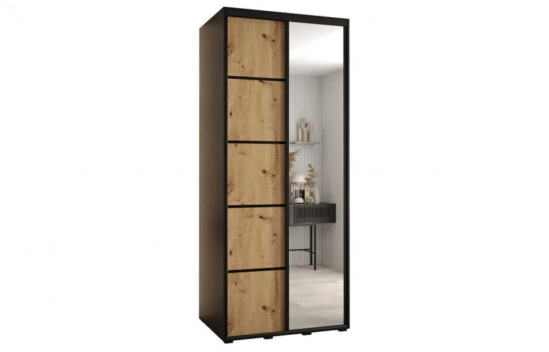 Šatníková skriňa s posuvnými dverami a zrkadlom DAVOS 5, 100cm | Čierna / DUB Artisan / čierne
