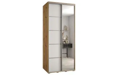 Šatníková skriňa s posuvnými dverami a zrkadlom DAVOS 5, 120cm | DUB Artisan / biela / strieborné