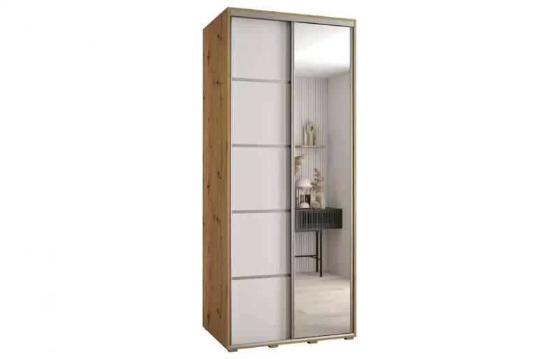 Šatníková skriňa s posuvnými dverami a zrkadlom DAVOS 5, 120cm | DUB Artisan / biela / strieborné