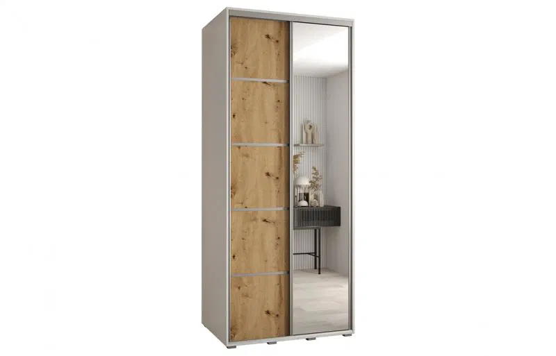 Šatníková skriňa s posuvnými dverami a zrkadlom DAVOS 5, 120cm | Biela / DUB Artisan / strieborné