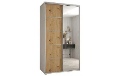 Šatníková skriňa s posuvnými dverami a zrkadlom DAVOS 5, 140cm | Biela / DUB Artisan / strieborné