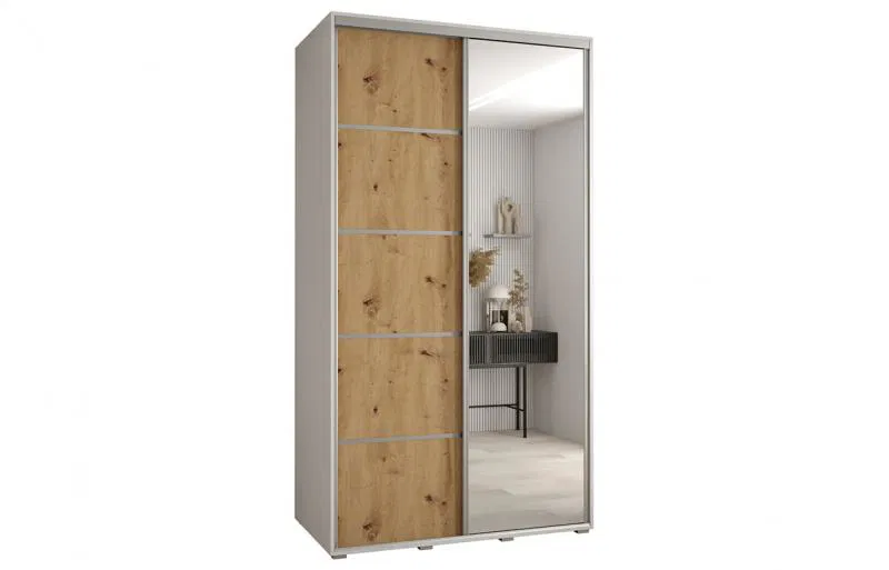 Šatníková skriňa s posuvnými dverami a zrkadlom DAVOS 5, 140cm | Biela / DUB Artisan / strieborné