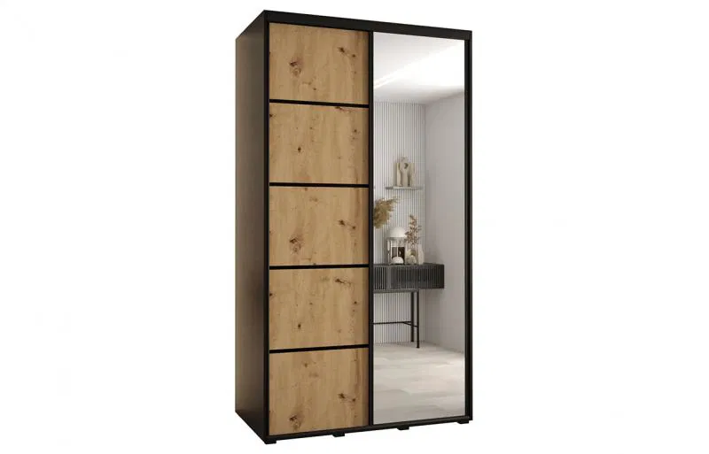 Šatníková skriňa s posuvnými dverami a zrkadlom DAVOS 5, 140cm | Čierna / DUB Artisan / čierne