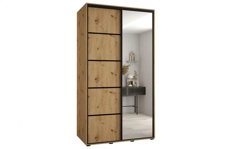 Šatníková skriňa s posuvnými dverami a zrkadlom DAVOS 5, 140cm | DUB Artisan / čierne pojazdy