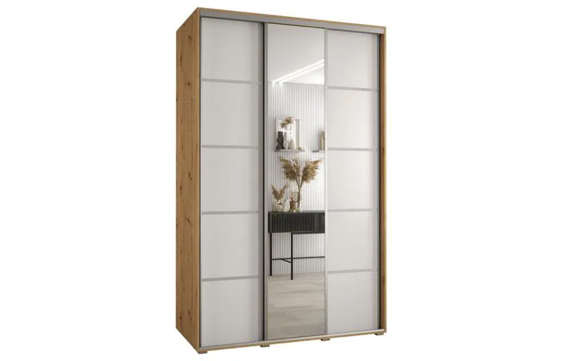 Šatníková skriňa s posuvnými dverami a zrkadlom DAVOS 5, 160cm | DUB Artisan / biela / strieborné