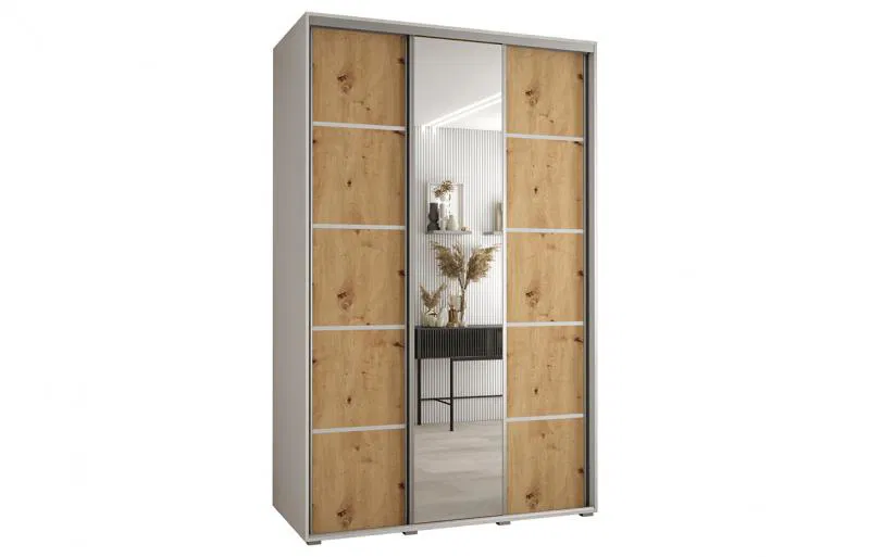 Šatníková skriňa s posuvnými dverami a zrkadlom DAVOS 5, 160cm | Biela / DUB Artisan / strieborné