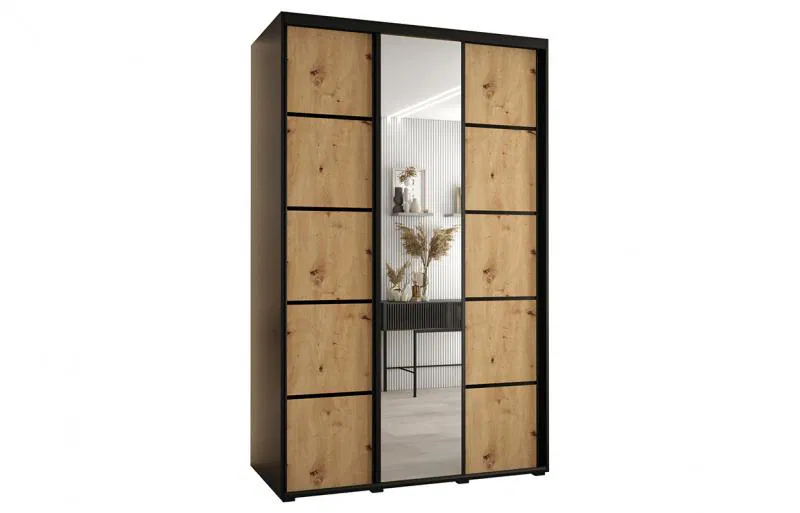 Šatníková skriňa s posuvnými dverami a zrkadlom DAVOS 5, 160cm | Čierna / DUB Artisan / čierne