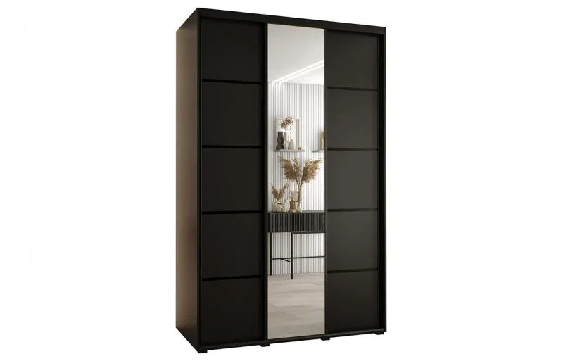 Šatníková skriňa s posuvnými dverami a zrkadlom DAVOS 5, 160cm | Čierna / čierna