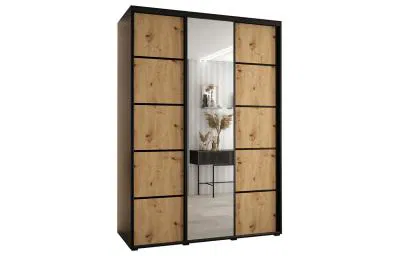 Šatníková skriňa s posuvnými dverami a zrkadlom DAVOS 5, 170cm | Čierna / DUB Artisan / čierne