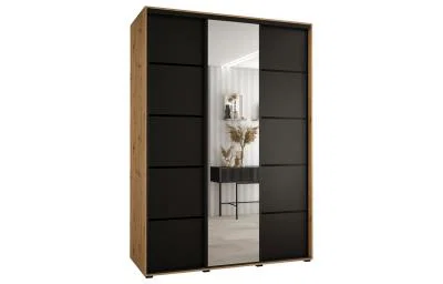 Šatníková skriňa s posuvnými dverami a zrkadlom DAVOS 5, 170cm | DUB Artisan/čierna/čierne pojazd