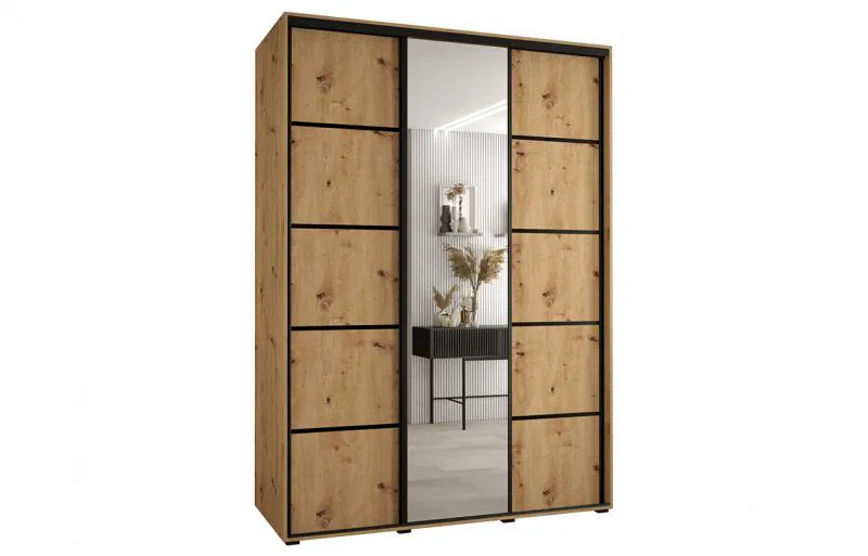 Šatníková skriňa s posuvnými dverami a zrkadlom DAVOS 5, 170cm | DUB Artisan / čierne pojazdy