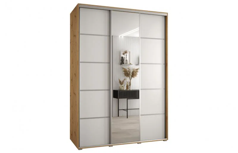 Šatníková skriňa s posuvnými dverami a zrkadlom DAVOS 5, 170cm | DUB Artisan / biela / strieborné