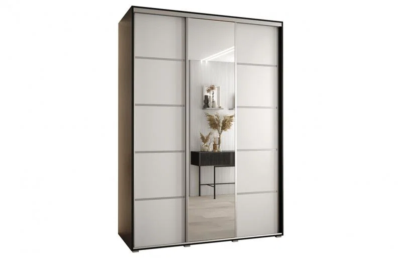 Šatníková skriňa s posuvnými dverami a zrkadlom DAVOS 5, 180cm | Čierna / biela / strieborné pojazdy