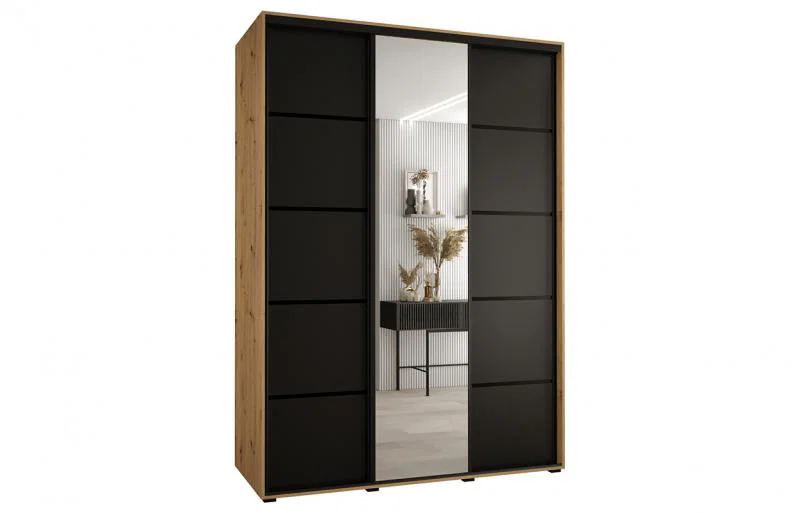 Šatníková skriňa s posuvnými dverami a zrkadlom DAVOS 5, 180cm | DUB Artisan / čierna / čierne