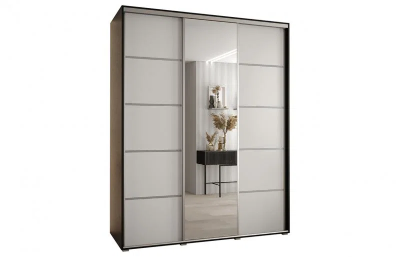 Šatníková skriňa s posuvnými dverami a zrkadlom DAVOS 5, 190cm | Čierna / biela / strieborné pojazdy