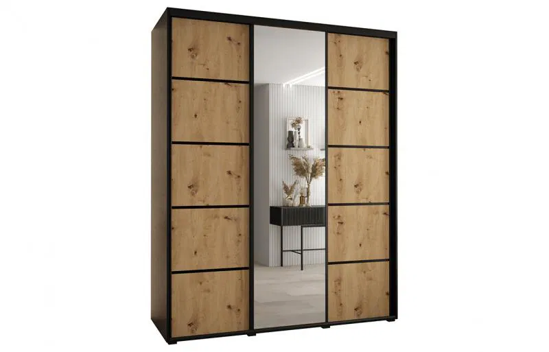 Šatníková skriňa s posuvnými dverami a zrkadlom DAVOS 5, 190cm | Čierna / DUB Artisan / čierne