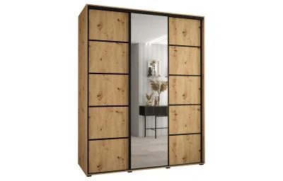 Šatníková skriňa s posuvnými dverami a zrkadlom DAVOS 5, 190cm | DUB Artisan / čierne pojazdy