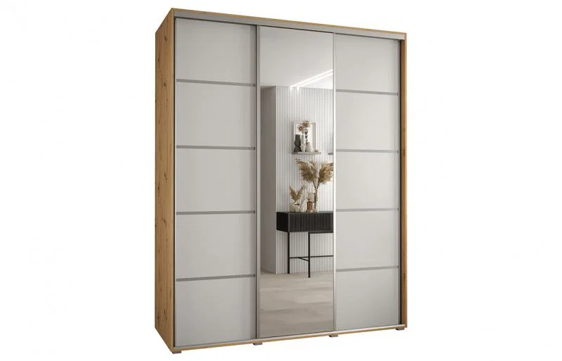 Šatníková skriňa s posuvnými dverami a zrkadlom DAVOS 5, 190cm | DUB Artisan / biela / strieborné