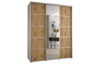 Šatníková skriňa s posuvnými dverami a zrkadlom DAVOS 5, 190cm | Biela / DUB Artisan / strieborné