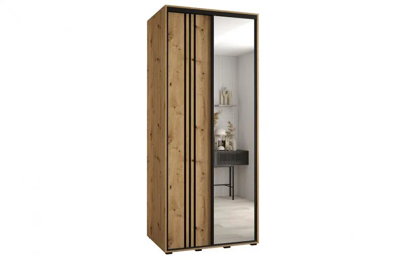 Šatníková skriňa s posuvnými dverami a zrkadlom DAVOS 7, 120cm | DUB Artisan / čierne pojazdy