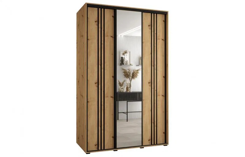 Šatníková skriňa s posuvnými dverami a zrkadlom DAVOS 7, 160cm | DUB Artisan / čierne pojazdy