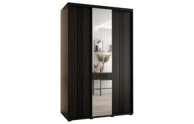 Šatníková skriňa s posuvnými dverami a zrkadlom DAVOS 7, 160cm | Čierna / čierne pojazdy