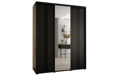 Šatníková skriňa s posuvnými dverami a zrkadlom DAVOS 7, 200cm | Čierna / čierne pojazdy