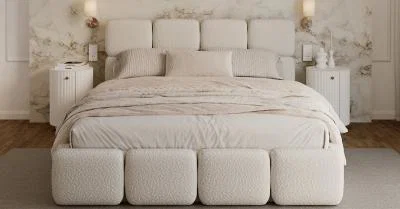 Čalúnená posteľ DELICATO 140x200 cm Krémová Boucle s úložným priestorom kovový rošt