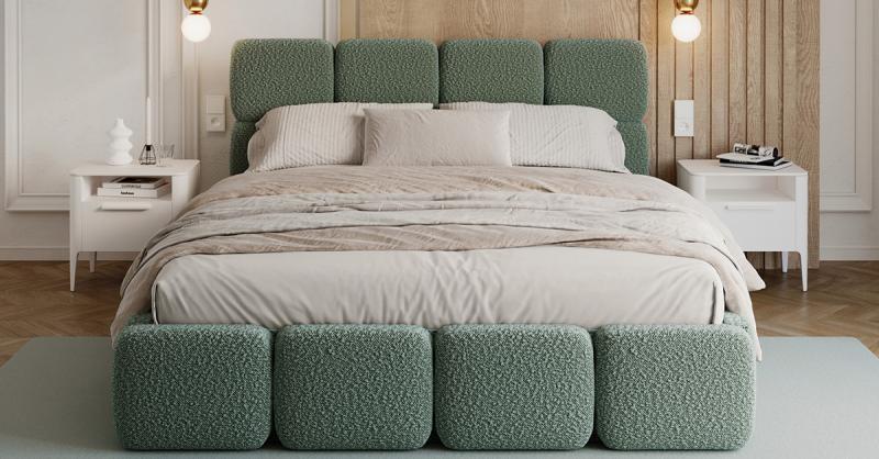 Čalúnená posteľ DELICATO 140x200 cm Tyrkysová Boucle s úložným priestorom kovový rošt