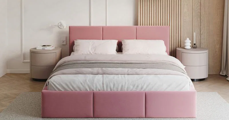 Čalúnená posteľ FRESIA 90x200cm Ružová Paris s úložným priestorom kovový rošt