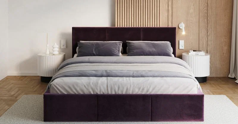 Čalúnená posteľ FRESIA 90x200cm Tmavo fialová Paris s úložným priestorom kovový rošt