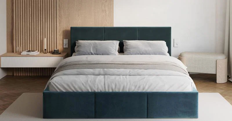 Čalúnená posteľ FRESIA 90x200cm Modrá Paris s úložným priestorom kovový rošt