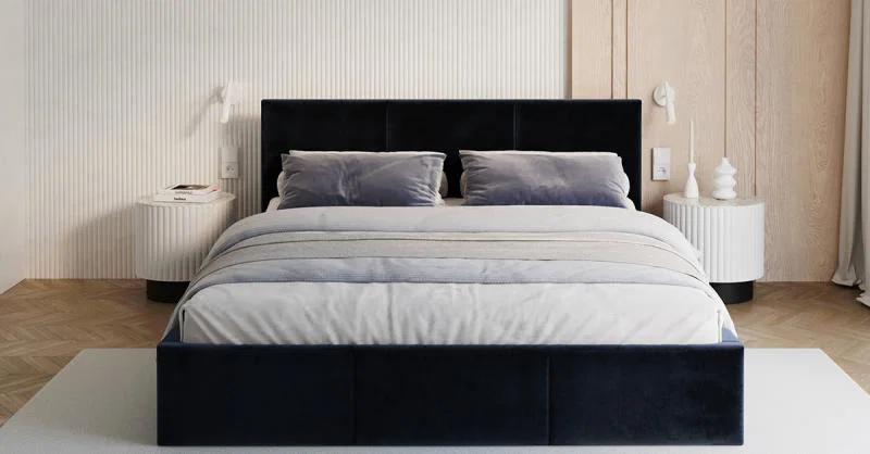 Čalúnená posteľ FRESIA 90x200cm Tmavo modrá Paris s úložným priestorom kovový rošt