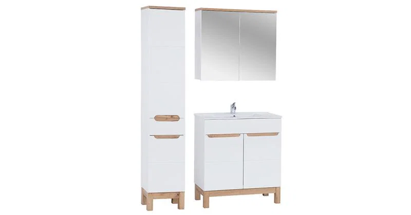 Kúpeľňová zostava BALI WHITE 80cm s vysokou skrinkou 2D1S, zrkadlom a umývadlom