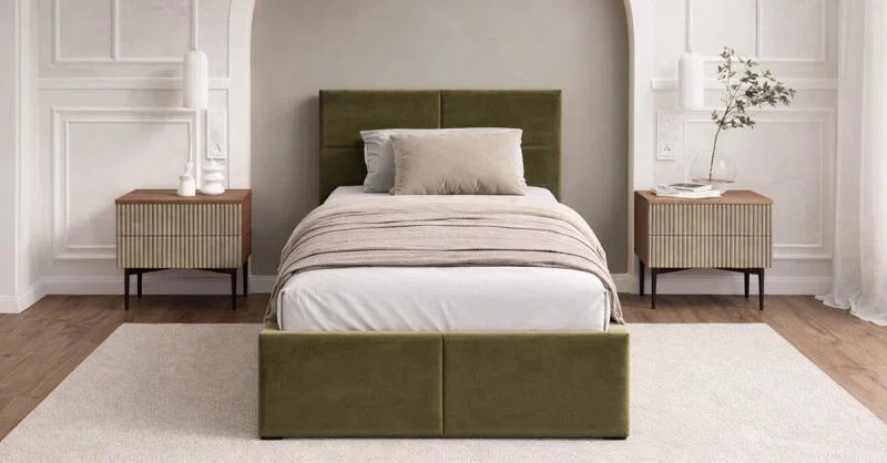 Čalúnená posteľ FRESIA 90x200 s kovovým zdvižným roštom OLIVOVÁ