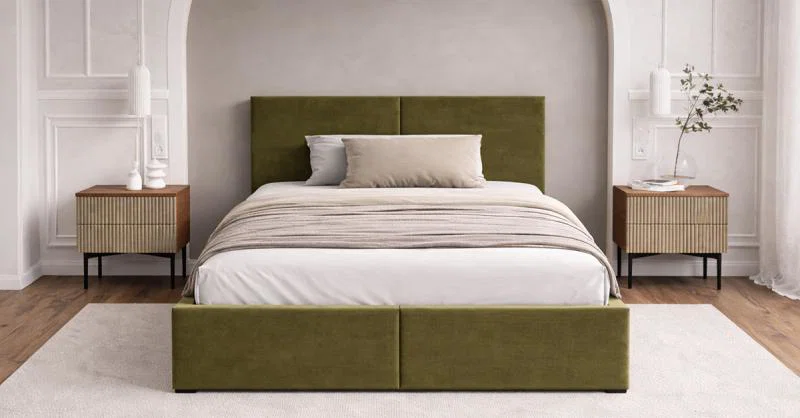 Čalúnená posteľ FRESIA 120x200 s kovovým zdvižným roštom OLIVOVÁ