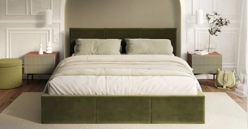 Čalúnená posteľ FRESIA 140x200 s kovovým zdvižným roštom OLIVOVÁ