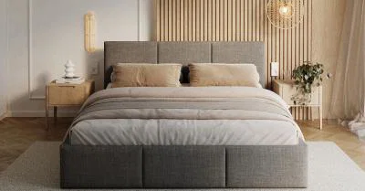 Čalúnená posteľ FRESIA 90x200cm Grafit Ottawa s úložným priestorom kovový rošt