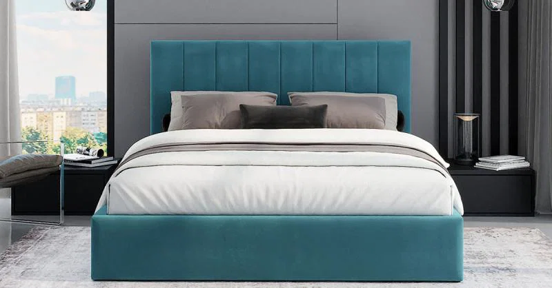 Čalúnená posteľ JUSTIN 90x200 Tyrkysová Trinity s úložným priestorom kovový rošt