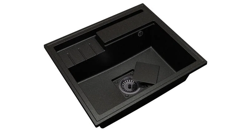 Granitový drez ELITE 6052 ČIERNY S TEXTUROU ŽULY + čierny sifon 60 x 52 x 21,5 cm