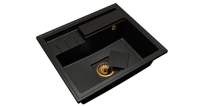 Granitový drez ELITE 6052 ČIERNY S TEXTUROU ŽULY + zlatý sifon 60 x 52 x 21,5 cm