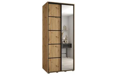 Šatníková skriňa DAVOS 5 posuvné dvere a zrkadlo, 100×235×45, DUB Artisan / čierne pojazdy
