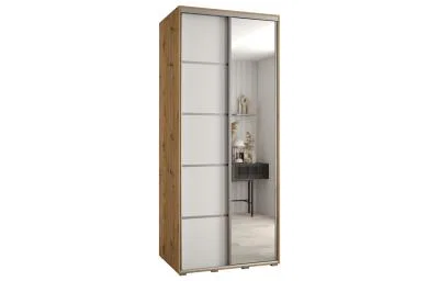 Šatníková skriňa DAVOS 5 posuvné dvere a zrkadlo, 100×235×45, DUB Artisan / biela / strieborné